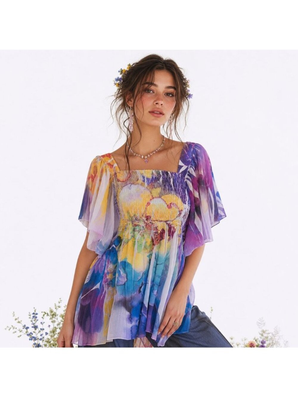 Unity World Wear Multicolor Pleated Floral Smock Top L Flutter Sleeve L Boho